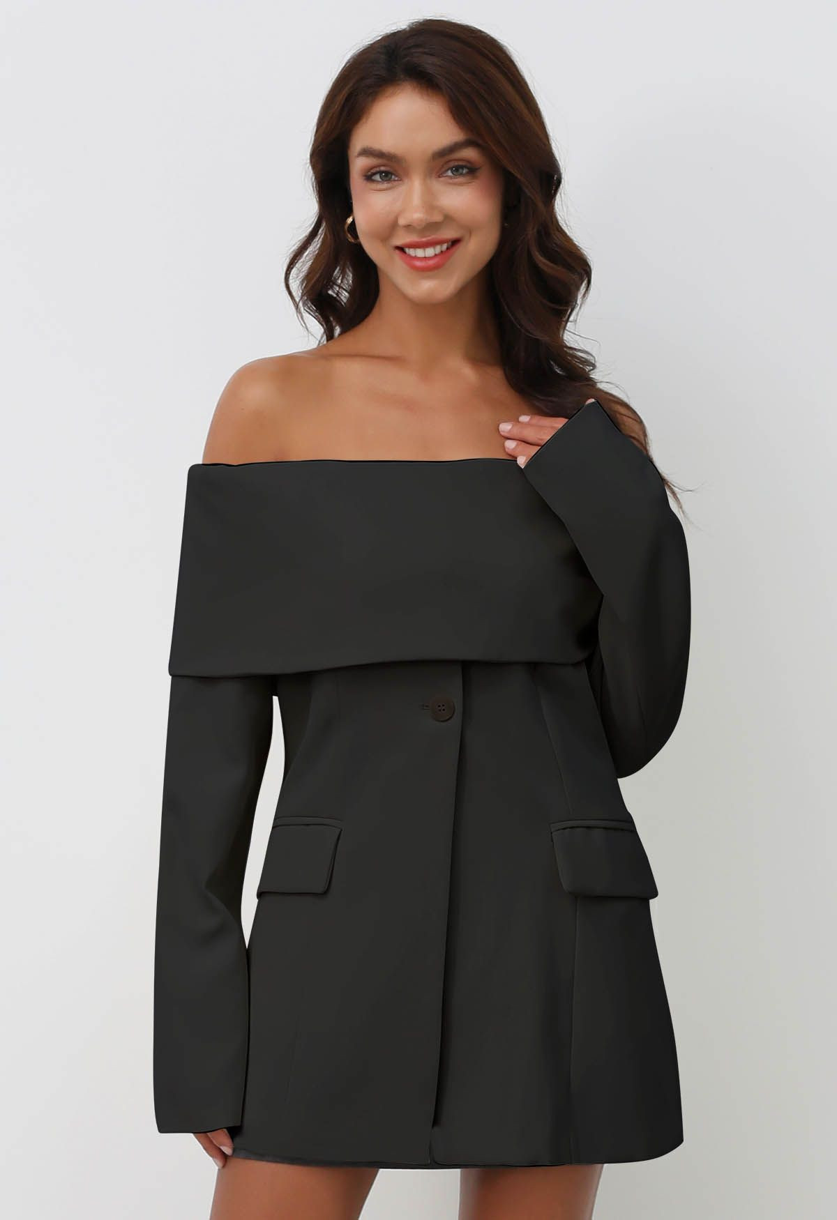 Folded Off-Shoulder Buttoned Blazer in Black | Chicwish