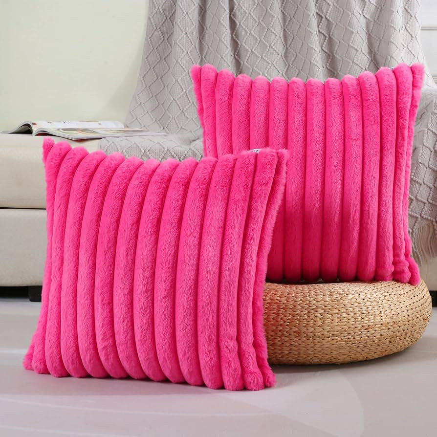Hot Pink Striped Decorative Throw Pillow Covers 18x18 Inch Set of 2,Square Spring Decorations Cou... | Amazon (US)