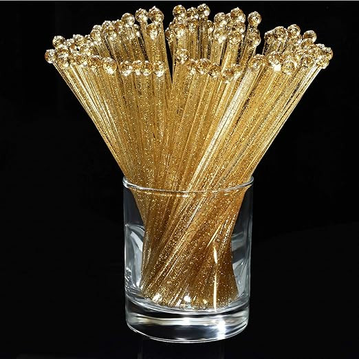 100 Pieces Disposible Plastic Round Top Crystal Swizzle Sticks (Golden) | Amazon (US)