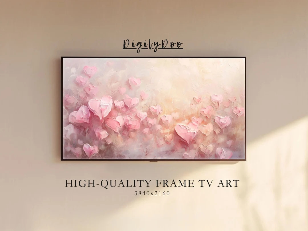 Valentines Day Frame TV Art, Pink Hearts Abstract Oil Painting, Valentine's Day Samsung TV Art, R... | Etsy (US)