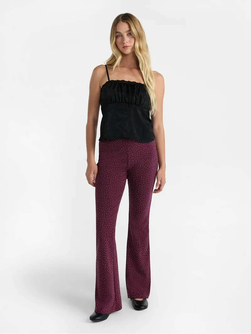 No Boundaries Faux Rhinestone Studded Ribbed Flare Pants, 31'' Inseam, Women's | Walmart (US)