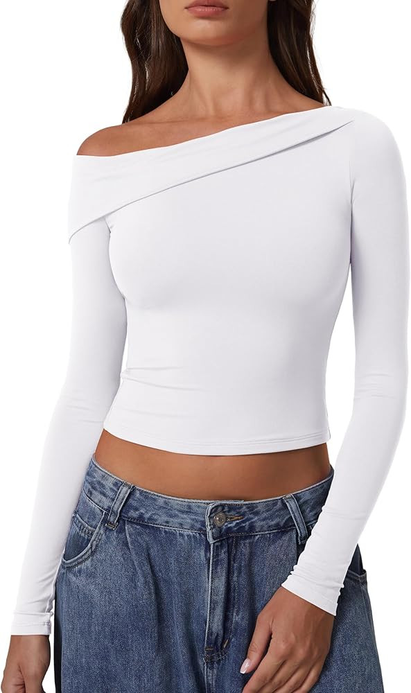 QINSEN Women Long Sleeve Off Shoulder Tops Trendy Double Lined Going Out Shirt for Fall | Amazon (US)