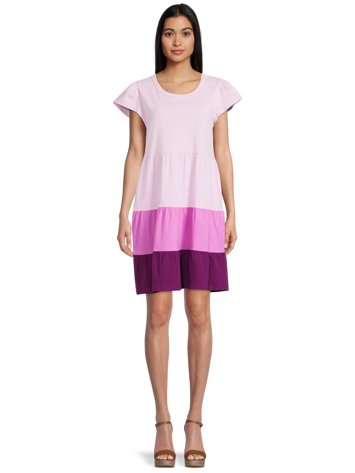 Time and Tru Women's Short Sleeve Tiered Knit Dress | Walmart (US)
