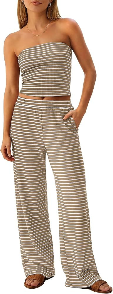 ANRABESS Women 2 Piece Sets Summer Striped Outfits Matching Tube Top Wide Leg Lounge Pants 2026 T... | Amazon (US)