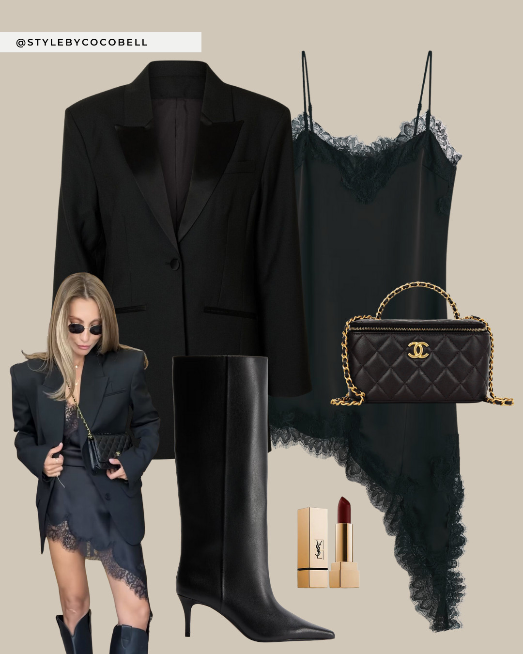 Sleek holiday look built around a black lace slip dress and tailored blazer. Styled with knee high heeled boots, a classic quilted Chanel bag and deep red lipstick for that polished, slightly edgy vibe. Perfect for Christmas dinners, holiday drinks or a night out when you want something simple but chic. 

 #LTKwinter #LTKfestive #LTKpartywear