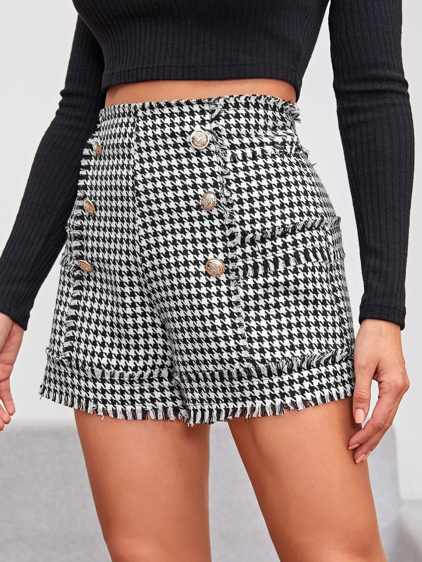 SHEIN Gold Button Detail Raw Trim Houndstooth Pattern Tweed Shorts | SHEIN