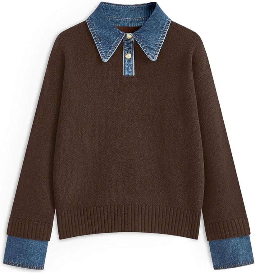 Womens Oversized Sweater Denim Polo Knit Collared Fall Sweater | Amazon (US)