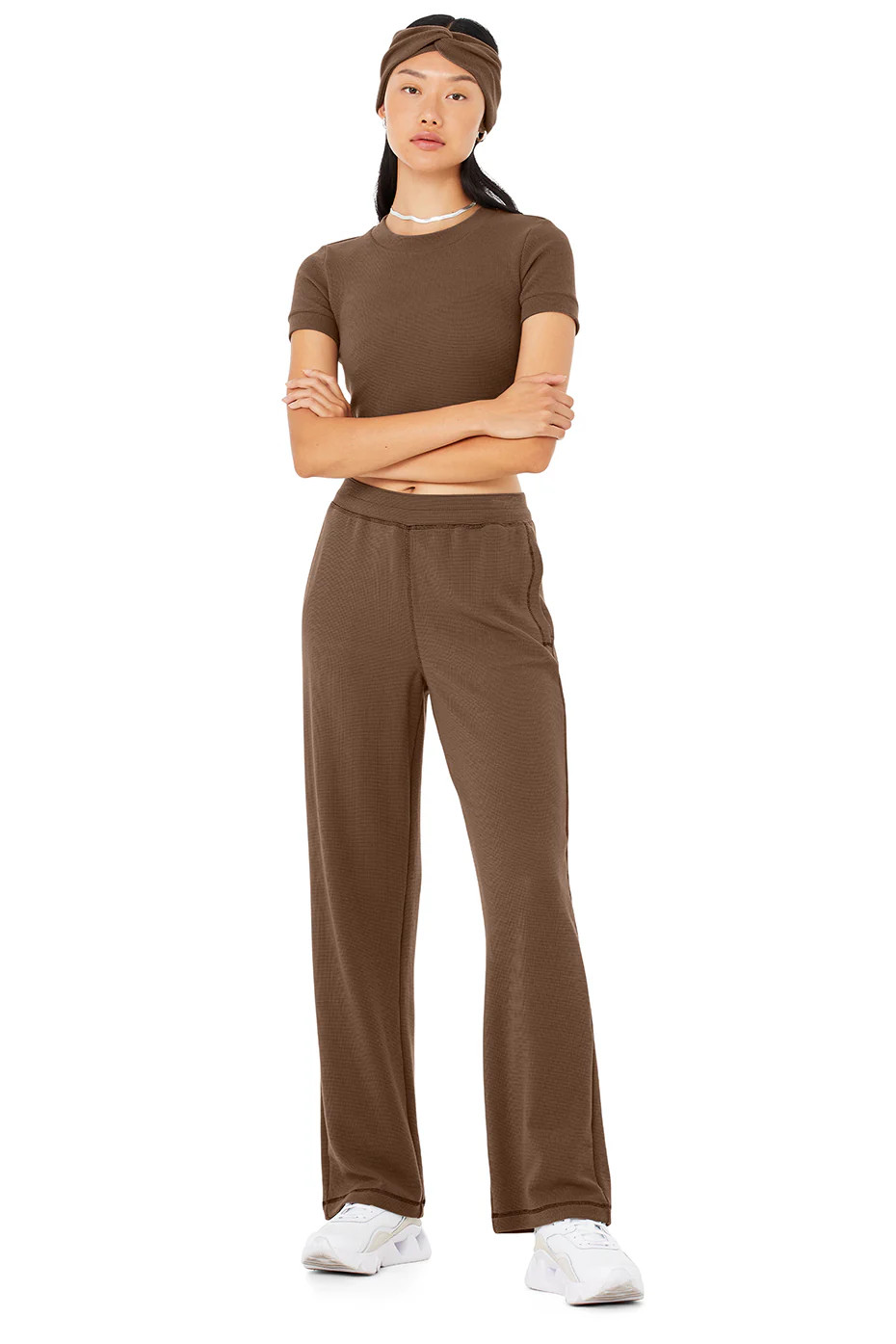 Micro Waffle Sierra Short Sleeve Top & Micro Waffle High-Waist Pleasant Wide Leg Pant Set - Hot C... | Alo Yoga (US)