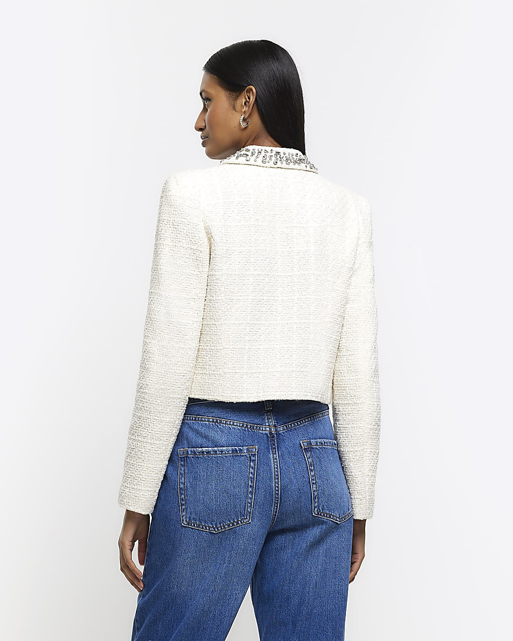 Cream embellished collar crop jacket | River Island (UK & IE)