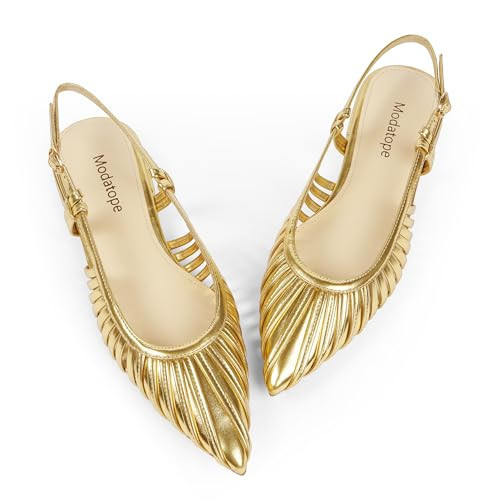 Modatope Gold Flats for Women Slingback Low Heel Ballet Flats Classic Pointed Toe Dress Shoes Size 9.5 | Amazon (US)