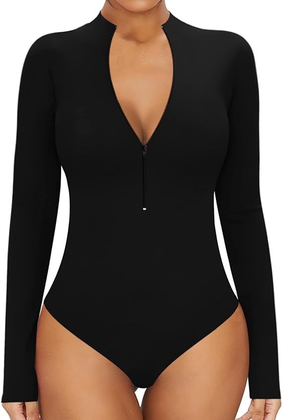 MANGOPOP Sexy Bodysuit for Women Zipper Front Mock Neck/V Neck Short Sleeve Long Sleeve Tops T Sh... | Amazon (US)