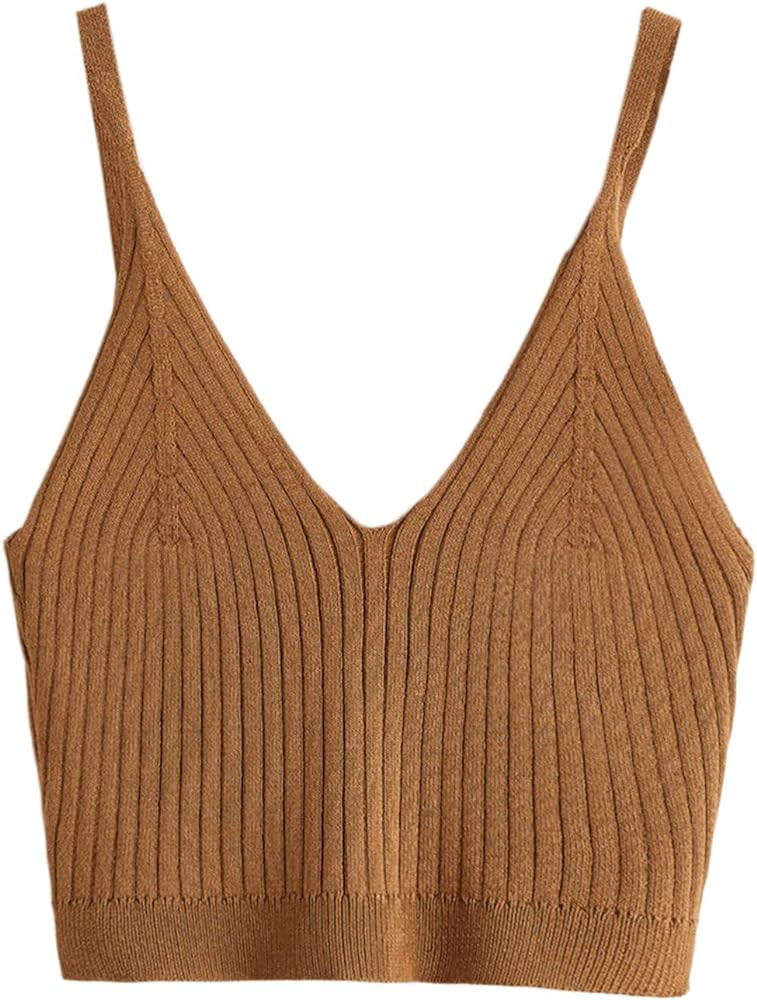 SweatyRocks Women's V Neck Crop Cami Top Ribbed Knit Spaghetti Strap Sleeveless Vest Brown M at A... | Amazon (US)