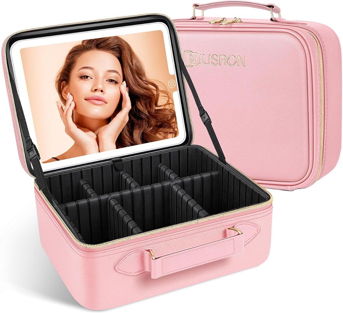 JUSRON Travel Makeup Bag Cosmetic Bag Makeup Organizer Bag with Lighted Mirror 3 Color Scenarios ... | Amazon (US)