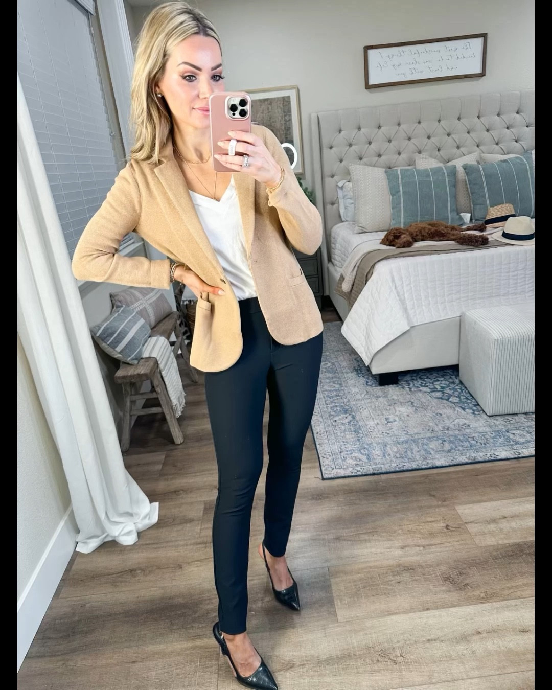 Classic winter workwear 
Stretchy sweater blazer I for size xsmall and it’s 50% off

Basic white v neck tee size small only $6
Black work pants size 2
Business casual office outfit 

#LTKworkwear #LTKunder50 #LTKsalealert