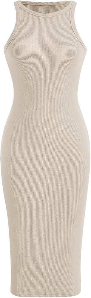 Verdusa Women's Basic Ribbed Knit Sleeveless Midi Tank Dress Crewneck Knit Bodycon Dress | Amazon (US)