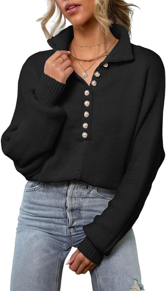 EVALESS Women Lapel Collar Half Button Knit Sweater V Neck Long Sleeve Solid Pullover Jumper | Amazon (US)
