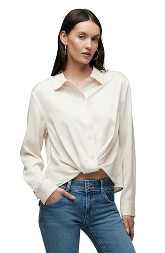 HUDSON Women's Long Sleeve Knotted Front Button Down Shirt, Creme Stripe, Small | Amazon (US)