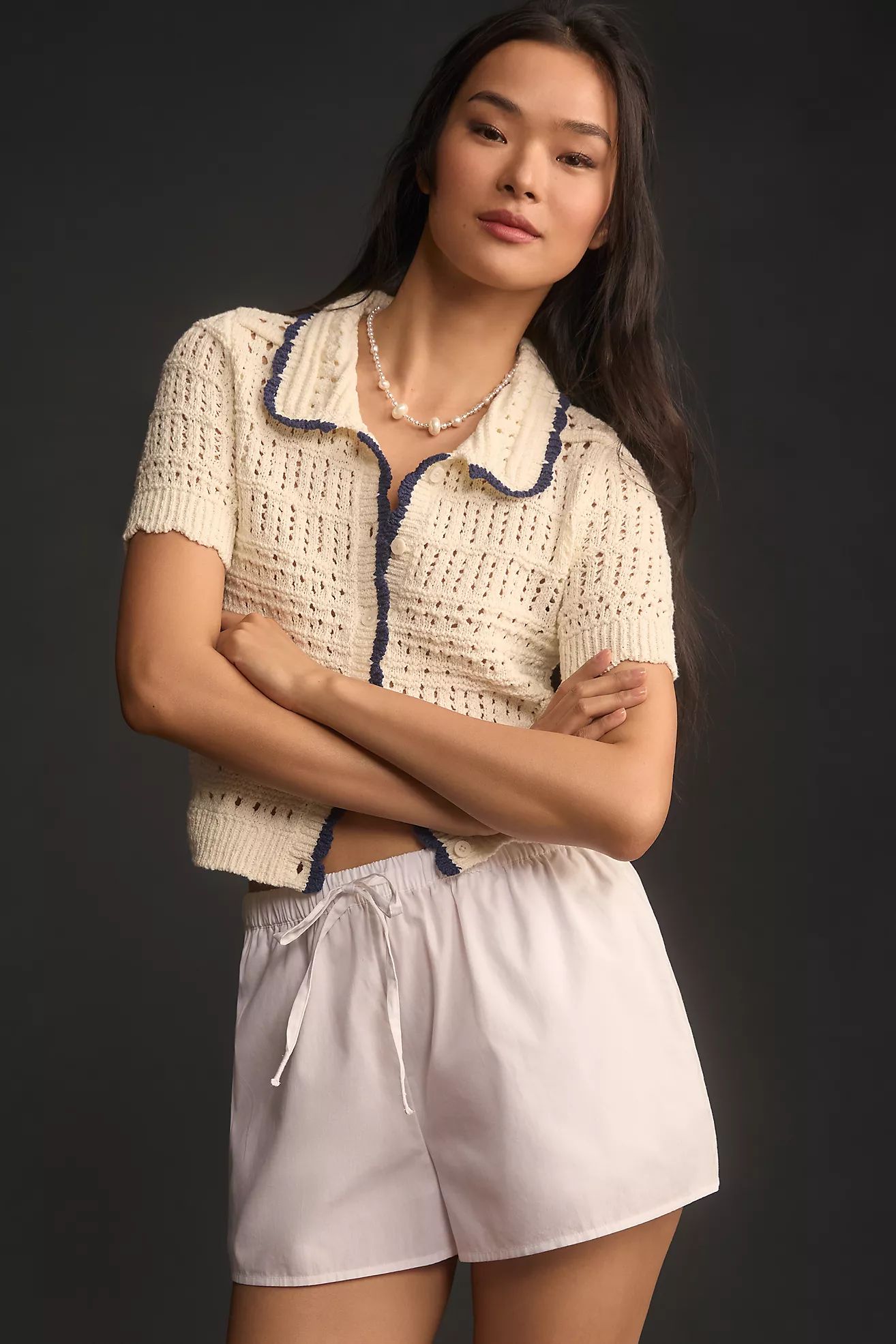 Maeve Short-Sleeve Open-Stitch Polo Cardigan Sweater | Anthropologie (US)