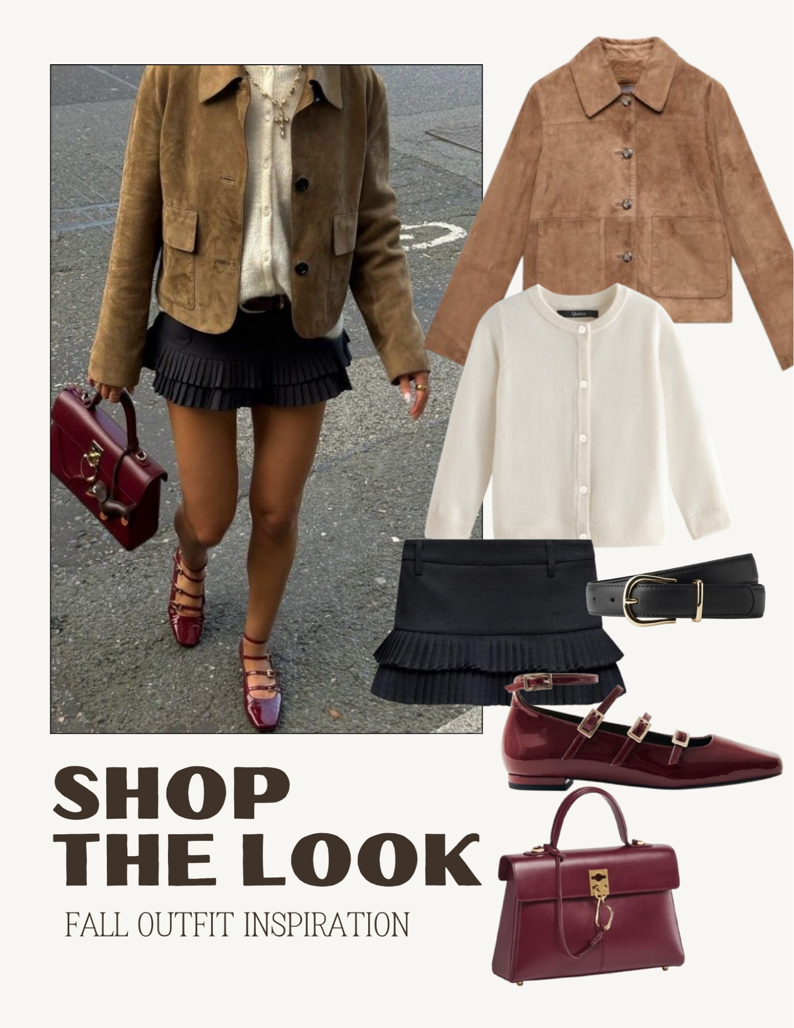 fall fashion outfit: suede jacket, cream cardigan, burgundy ballet flats, black mini skirt, burgundy purse

#LTKSeasonal #LTKItBag #LTKStyleTip
