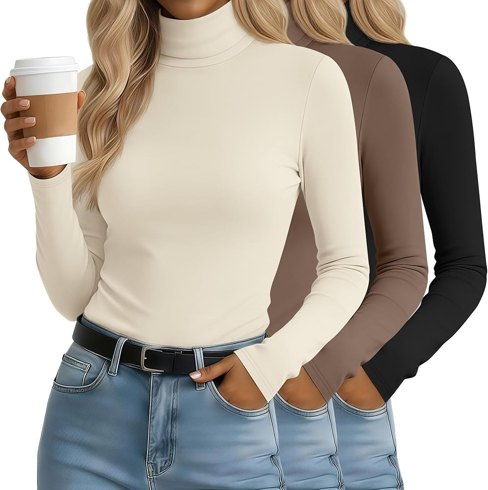 Sweetyweee 3 Pack Women's Turtleneck Tops Mock Neck Long Sleeve Slim Fitted Shirts Lightweight La... | Amazon (US)