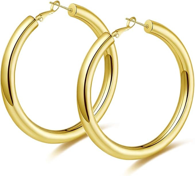 wowshow Thick Hoop Earrings Howllow 14K Gold Plated Gold Hoops for Women | Amazon (US)