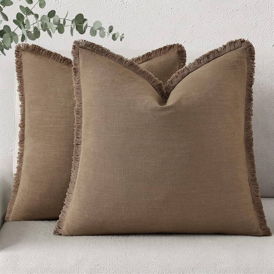 decorUhome Linen Fringe Light Brown Throw Pillow Covers 22x22 Set of 2 | Amazon (US)