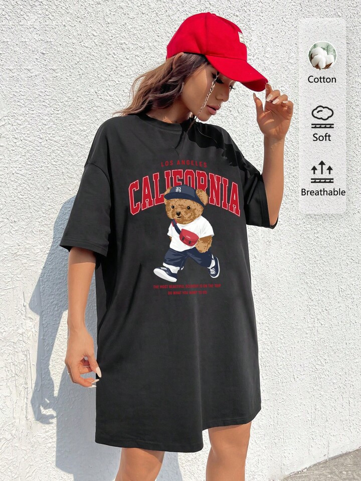 SHEIN EZwear Casual Loose Retro California Cute Bear Graphic Round Neck Short Sleeve Cropped Women T-Shirt Dress, Summer, Funny,Summer Dresses For Women | SHEIN