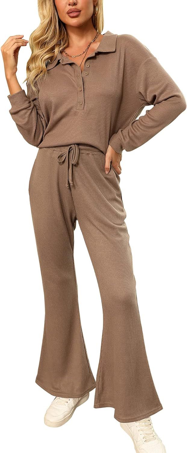 Frolitre Women's Waffle Knit Pajama Set Long Sleeve Top and Pants Jogging Suit Loungewear Athleti... | Amazon (US)