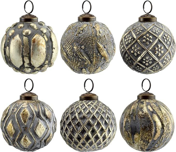 AuldHome Farmhouse Ball Ornaments (Set of 6, Silver Gray); Distressed Metal Glass Ball Vintage St... | Amazon (US)