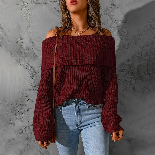 Off Shoulder Sweaters for Women Fall Casual Pullover Long Sleeve Elegant Blouses Knitted Solid Ju... | Walmart (US)