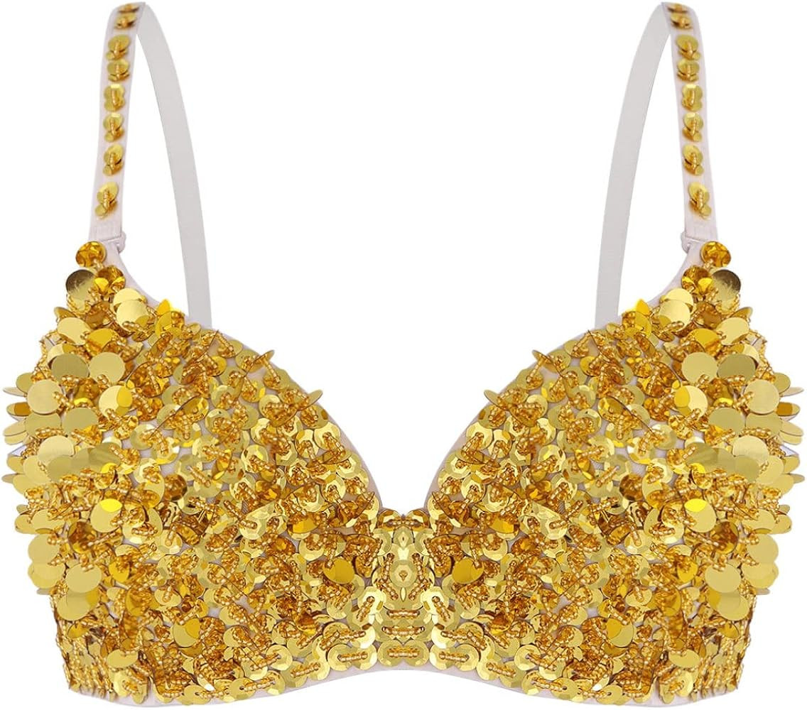 Women's Sparkle Belly Dance Costume Bra Top Sequin Rave Dance Crop Tops Party Club Wear | Amazon (US)