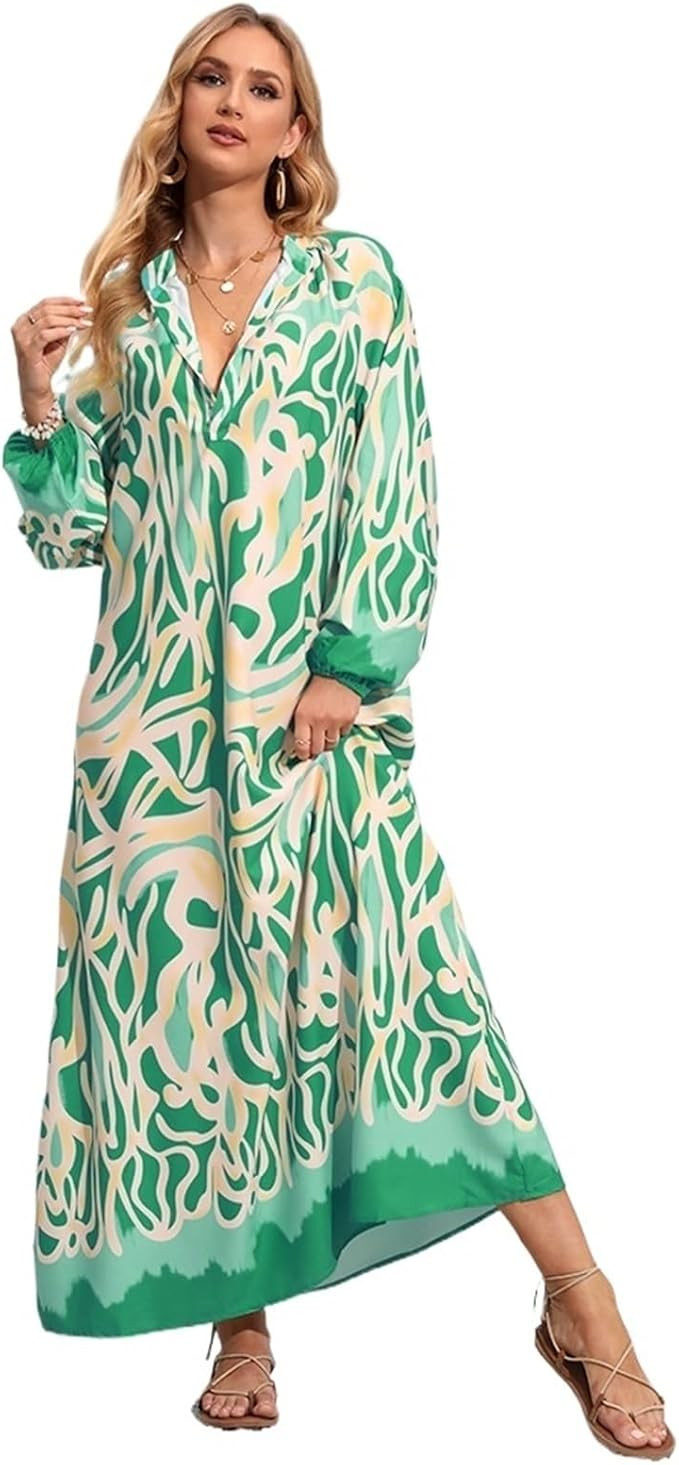 Spring and Autumn Pullover V-Neck Sexy Print Large Swing Long Sleeve Dress Large Swing Dress Autu... | Amazon (US)