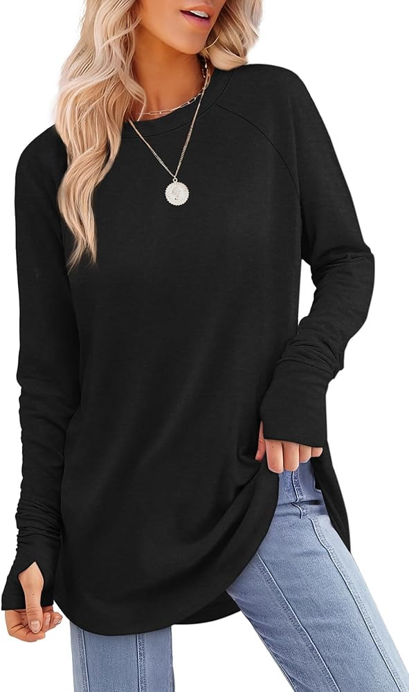 XIEERDUO Womens Tunic Tops to Wear with Leggings Long Sleeve Thumb Hole Shirts Crew Neck Curved H... | Amazon (US)