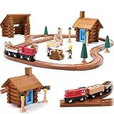 Amazon.com: SainSmart Jr. Wooden Train Set with Log Cabin, Toddler Building Blocks - 100 PCS Real... | Amazon (US)