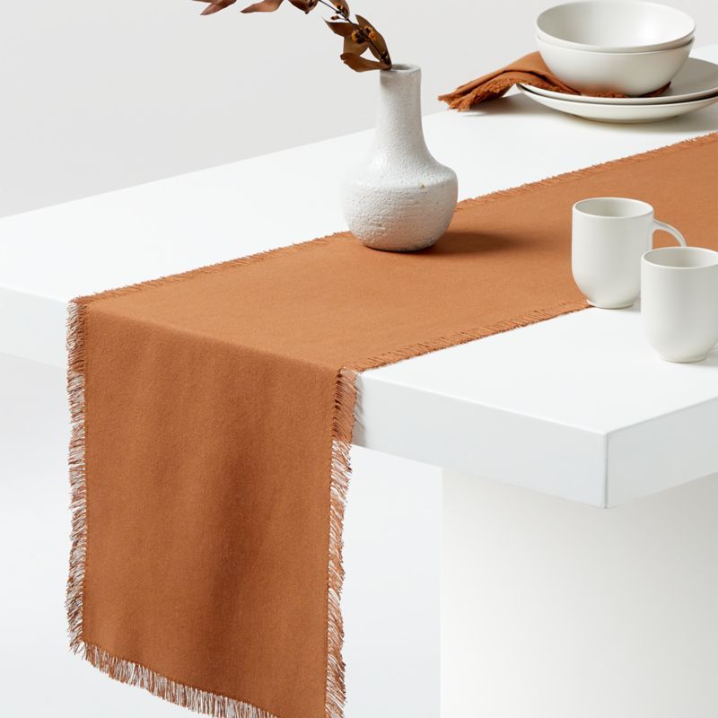 Craft 90-Inch Fringed Cotton Almond Brown Table Runner + Reviews | Crate & Barrel | Crate & Barrel