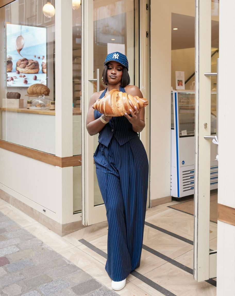 Croissant run in Paris 
Classic pinstripe set with a Yankees cap. My set is sold out, but similar options are linked. 

 