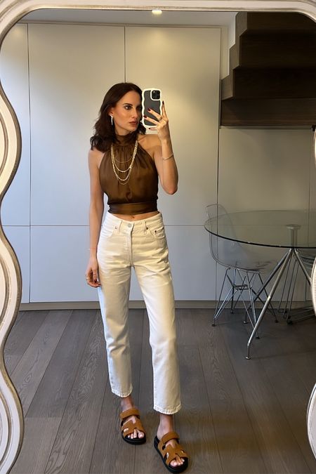 Levi jeans, neutral outfit, chunky sandals, satin halter neck top, spring outfit, summer styling, going out outfit, evening outfits 

#LTKspring #LTKstyletip #LTKuk