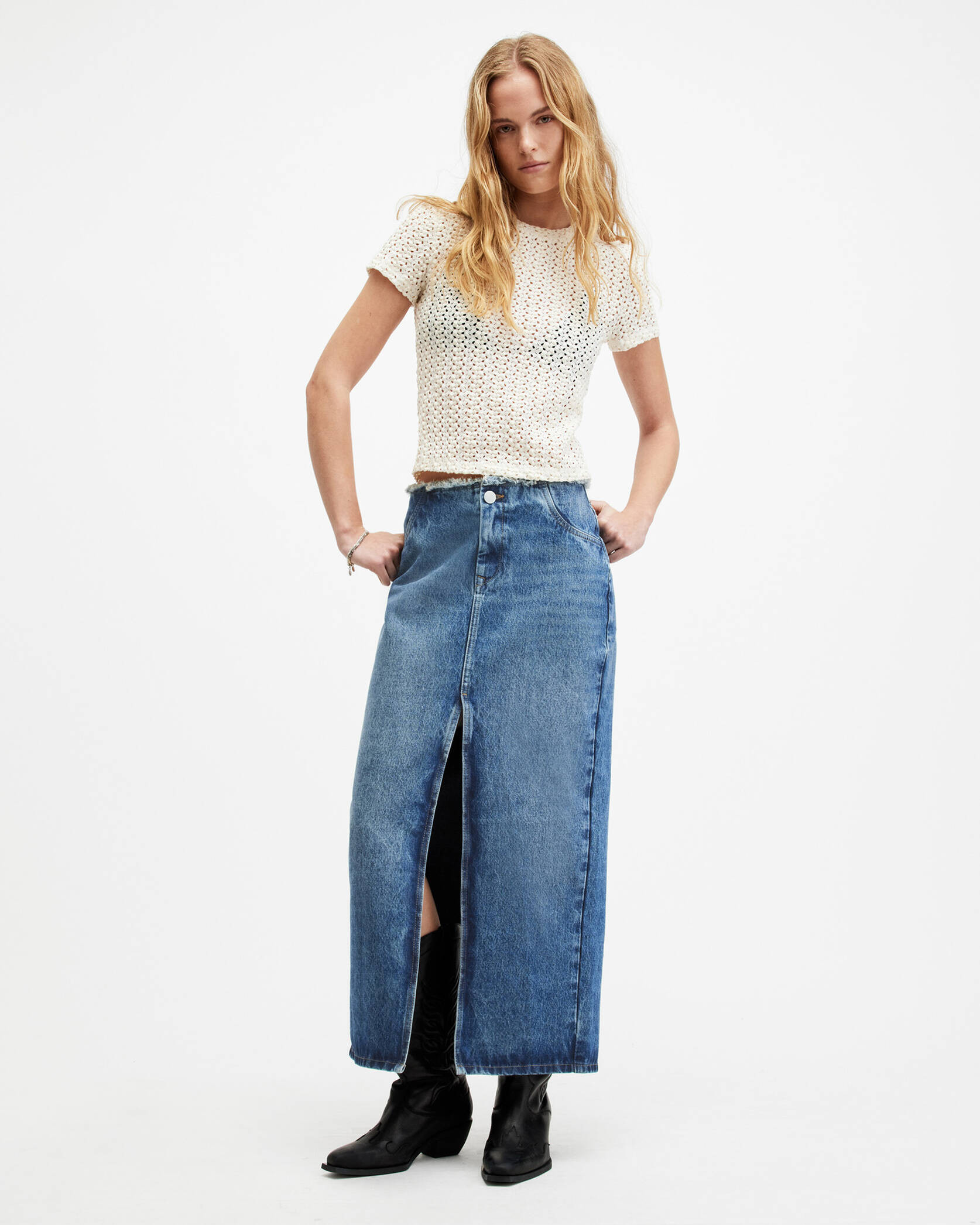 Cyra Frayed Waistband Maxi Denim Skirt Mid Indigo | ALLSAINTS US | AllSaints US