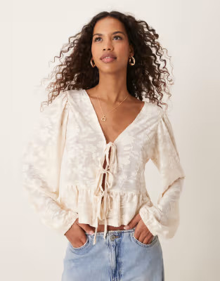 Miss Selfridge lace jacquard tie front top in ivory | ASOS | ASOS (Global)