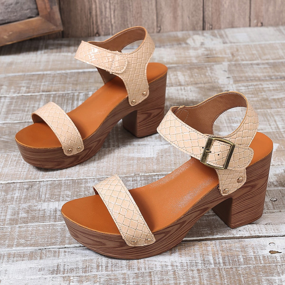 MLCDZ Womens Wedge Heel Sandals Platform Ankle Buckle Studded Open Toe Faux Wood Sandals,Leather ... | Walmart (US)