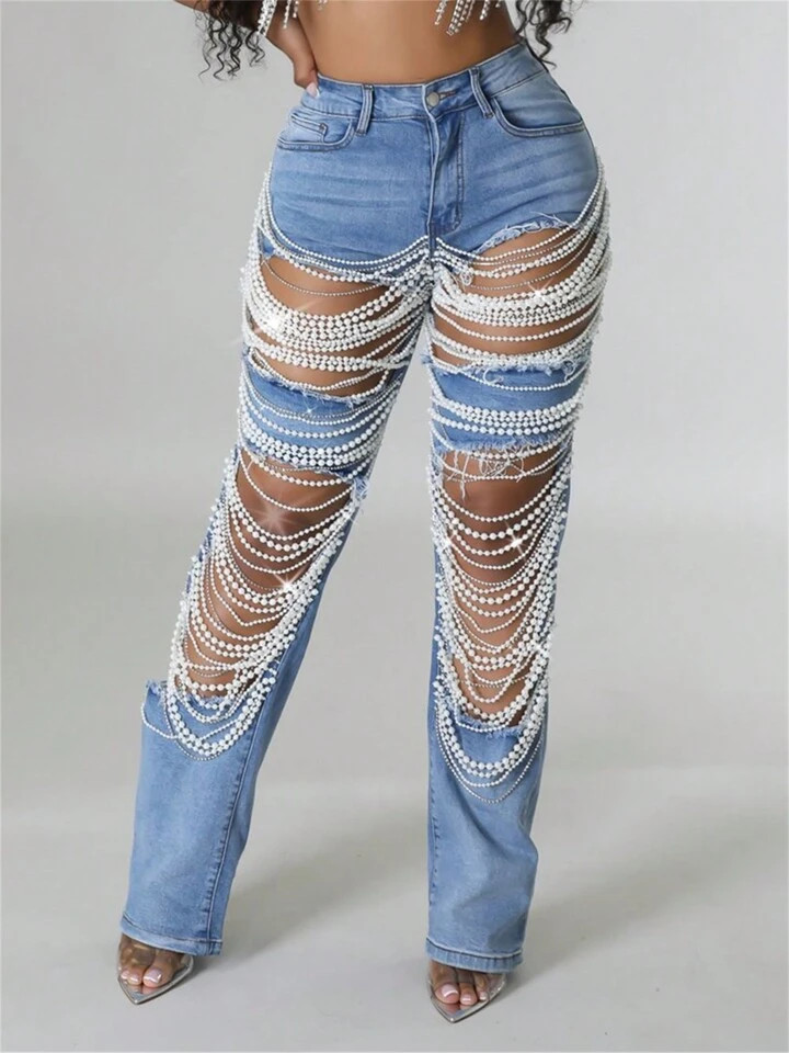 Straight Leg Jeans For Women Mid-Rise Distressed Ripped Hole Pearl Chain Boyfriend Denim Pants | SHEIN