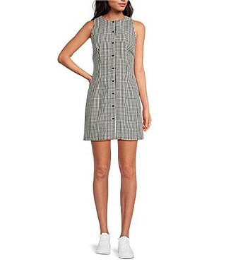 French Connection Gingham Round Neck Sleeveless Button Front Mini Dress - XS | Dillard's