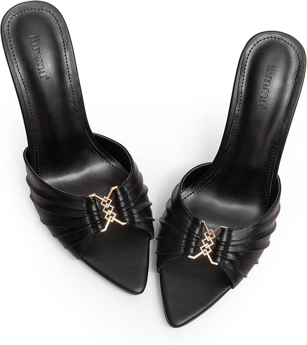 iiimmu 3.5 IN Stiletto Mules Heels with Gold Accents | Reinforced Buckle, Slip-on, Vegan, Pointed... | Amazon (US)