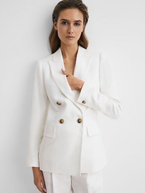 Reiss White Hollie Petite Double Breasted Linen Blazer | Reiss UK