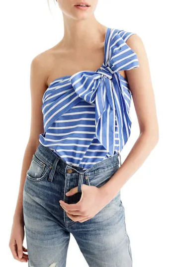 Women's J.crew Stripe Cotton One-Shoulder Bow Top, Size 00 - Blue | Nordstrom