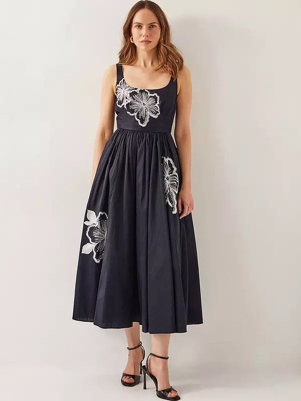 Monsoon Sophie Embroidered Fit & Flare Midi Dress - Black | Very (UK)