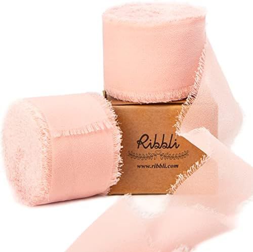 Ribbli Blush Pink Chiffon Ribbon 1-1/2 inch x 20 Yard Handmade Fringe Chiffon Silk Ribbon for Wed... | Amazon (US)