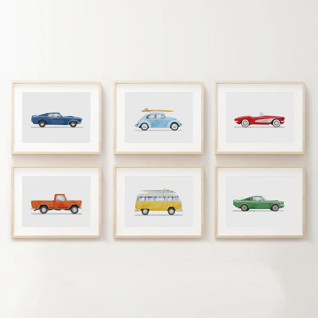 Set of 6 Vintage Vehicle Prints, Boys Room Decor, Retro Car Prints for Boys Room, Kids Room Wall ... | Etsy (US)