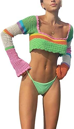 Women Y2k Long Sleeve Knit Crop Top Casual Color Block Crochet Cropped Sweater Tops Square Neck K... | Amazon (US)