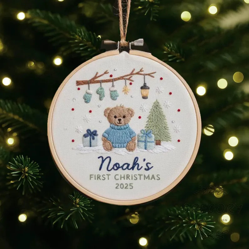 Personalized Embroidered Bear Baby's First Christmas Ornament, Custom Unique Gift for New Baby, C... | Etsy (US)